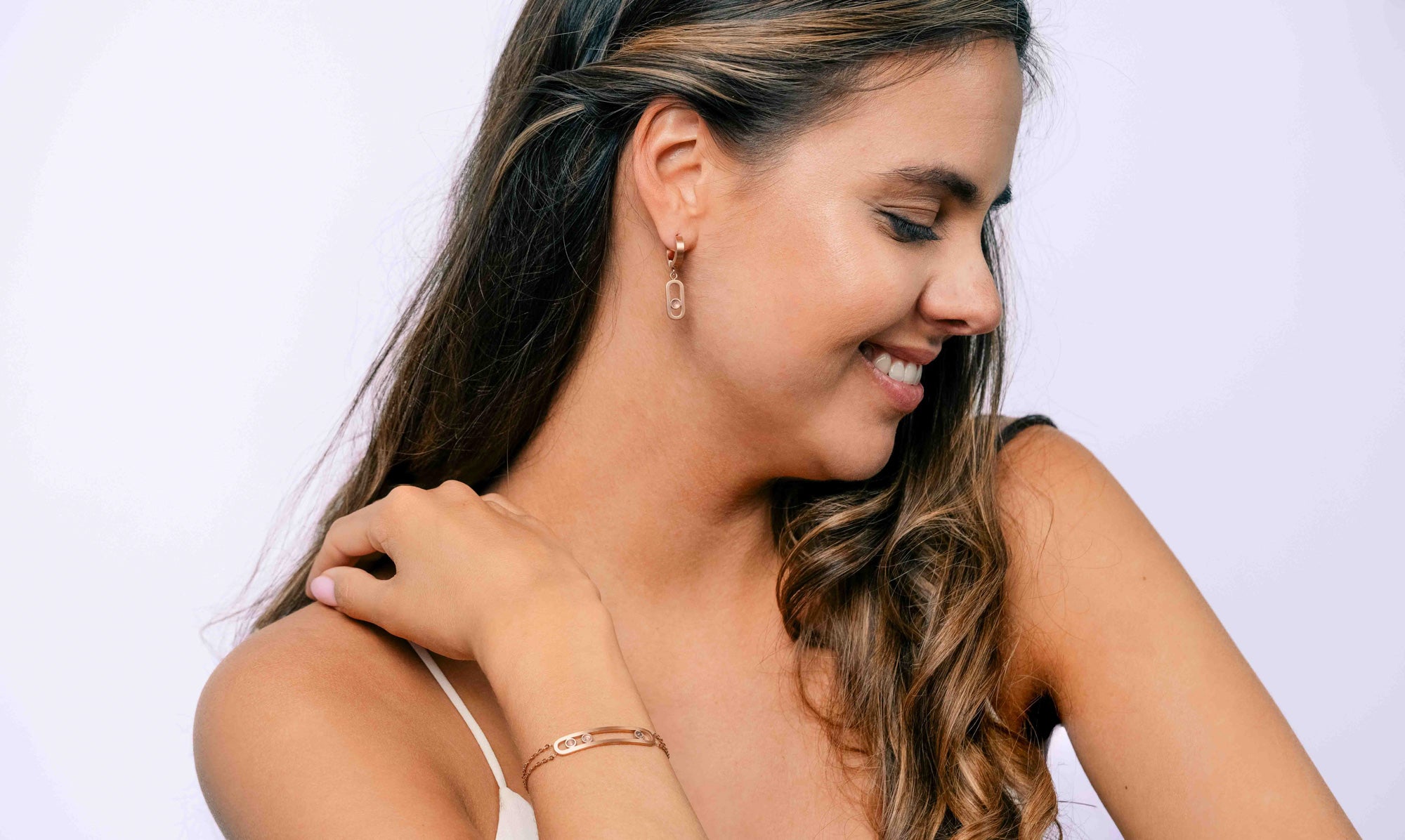 Bracelet and earrings in rose gold with purple amethyst