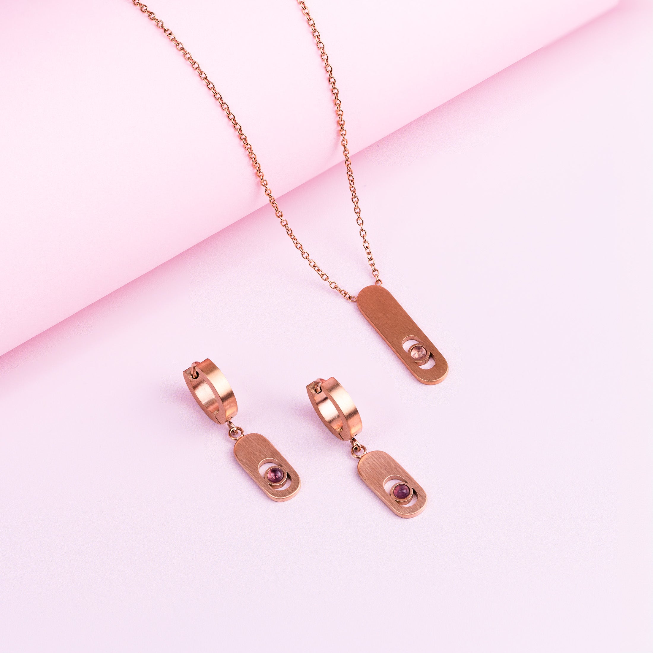 Rose gold necklace and earrings with purple amethyst