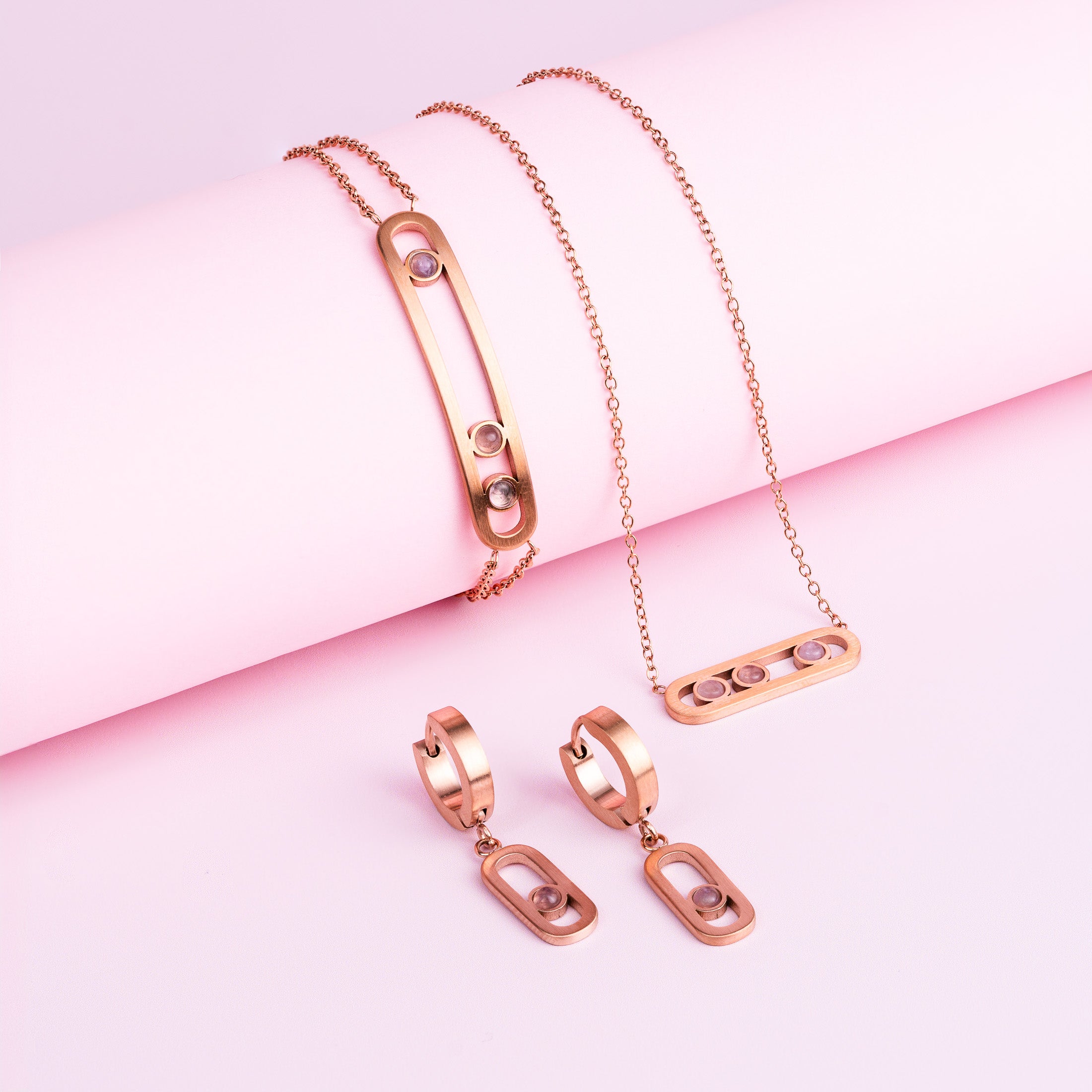 Set of 3 jewels with rose gold finish and purple amethyst