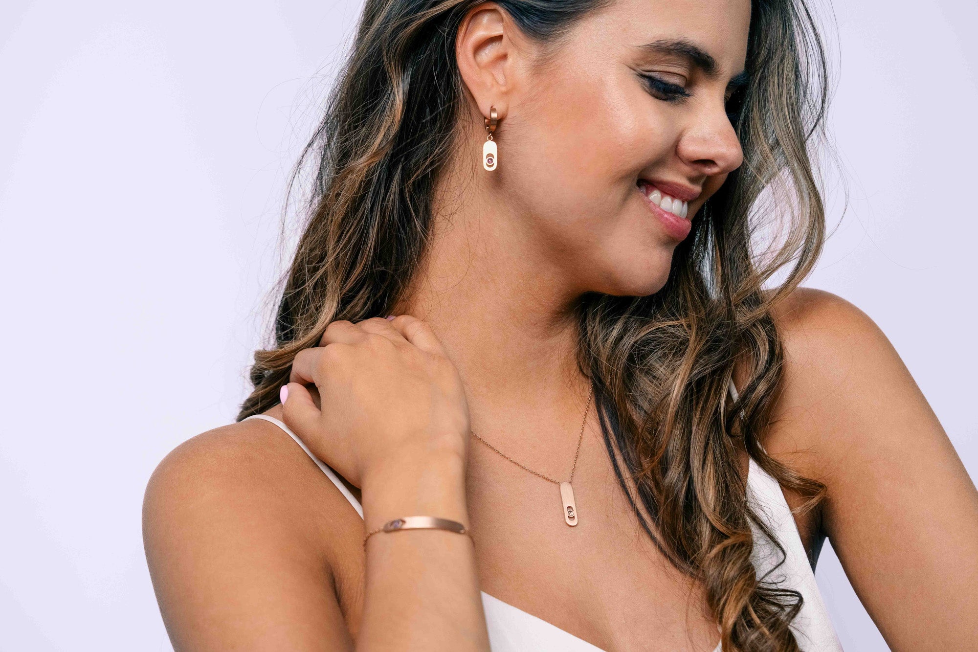 Set of 3 jewels with rose gold finish and purple amethyst